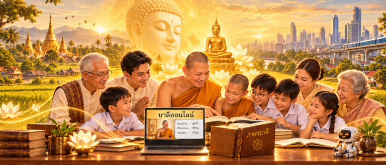 พระอาจารย์กำลังสอนภาษาบาลี มีสามเณร นักเรียนชายหญิง คนหนุ่มสาวและผู้สูงอายุ กำลังเรียนด้วยใบหน้ายิ้มแย้มแจ่มใส