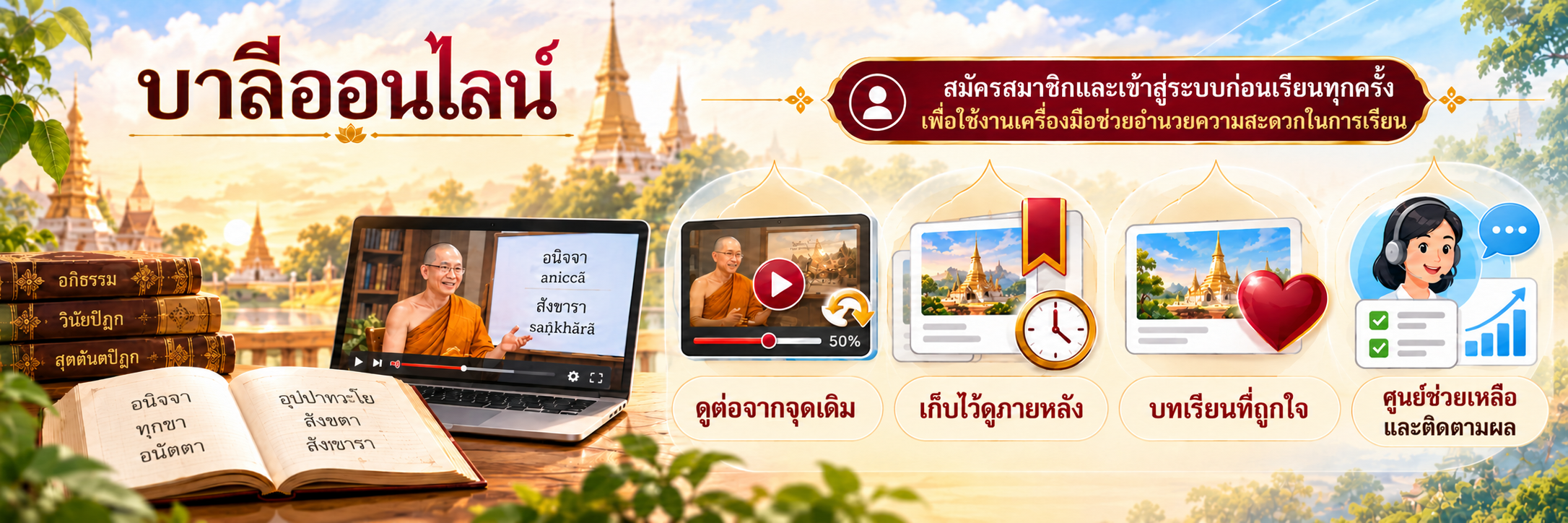 รูปแนะนำว่าเว็บนี้มีฟีเจอร์ดูต่อจากจุดเดิม เพิ่มไว้ดูภายหลัง ปุ่มกดถูกใจและระบบช่วยเหลือการเรียน